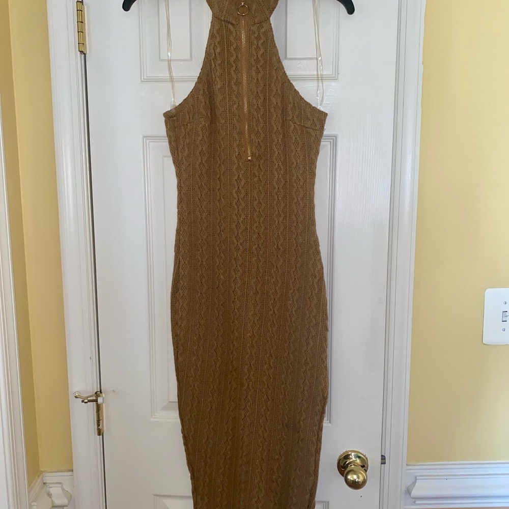 Tan Midi Sleeveless Sweater Dress